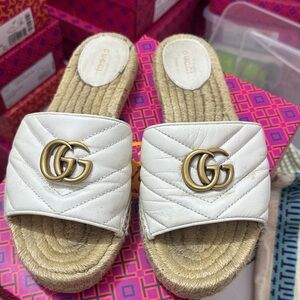 Gucci White Quilted Leather GG Espadrille Slide Mules